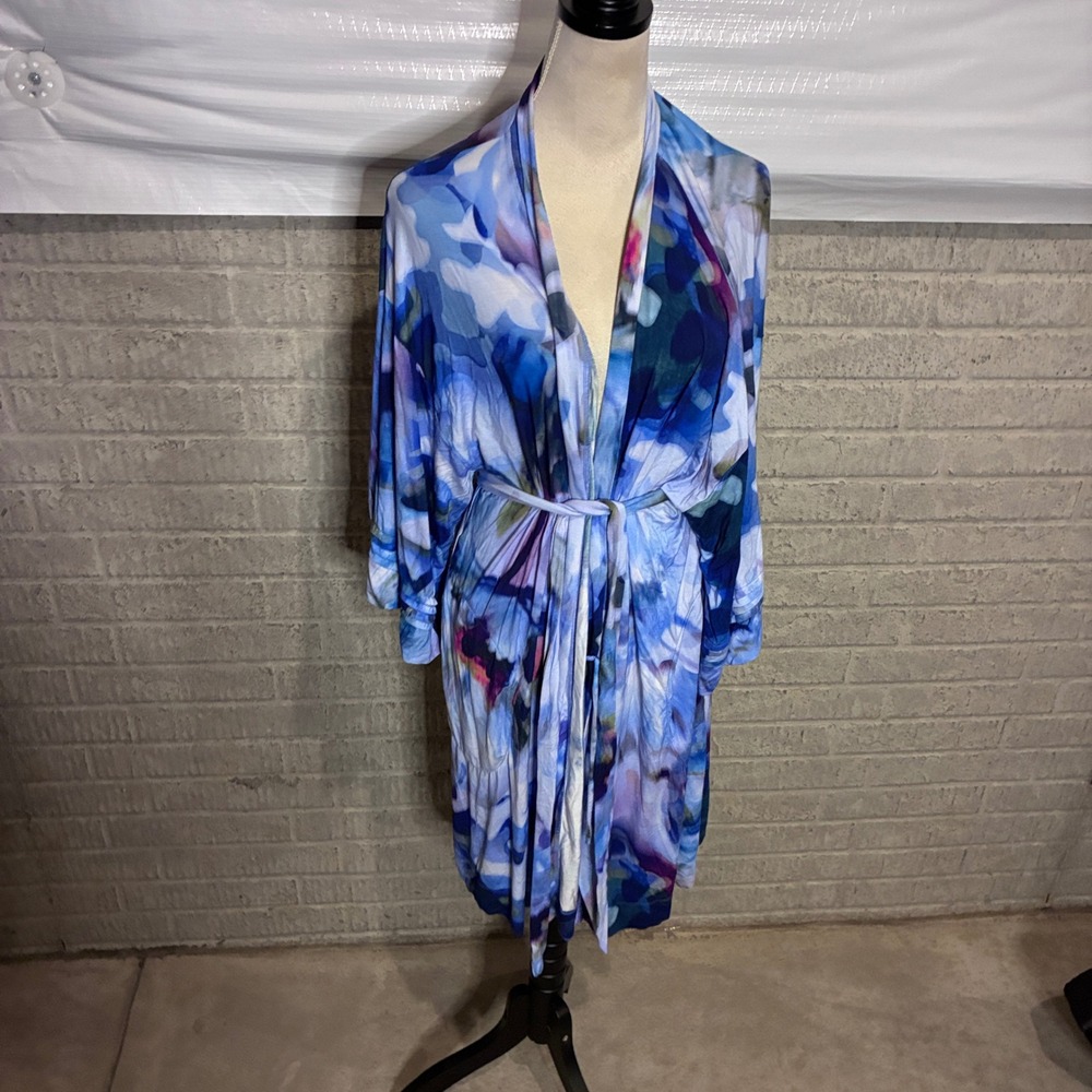 Soma Cool Nights Robe Blue Floral Watercolor Tie Waist Pockets L/XL Sleepwear
